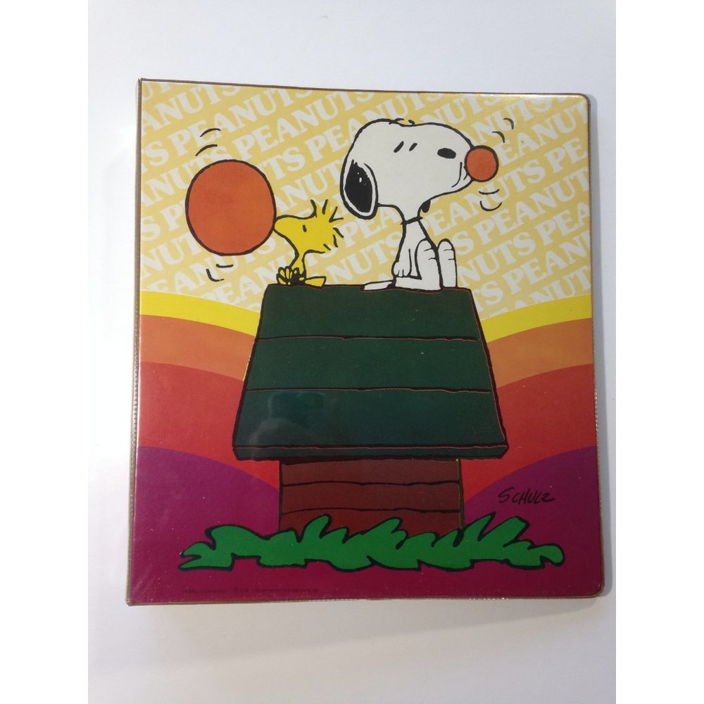 Vintage 1980's Peanuts SNOOPY & Woodstock Notebook 3 Ring Binder bubble gum cute